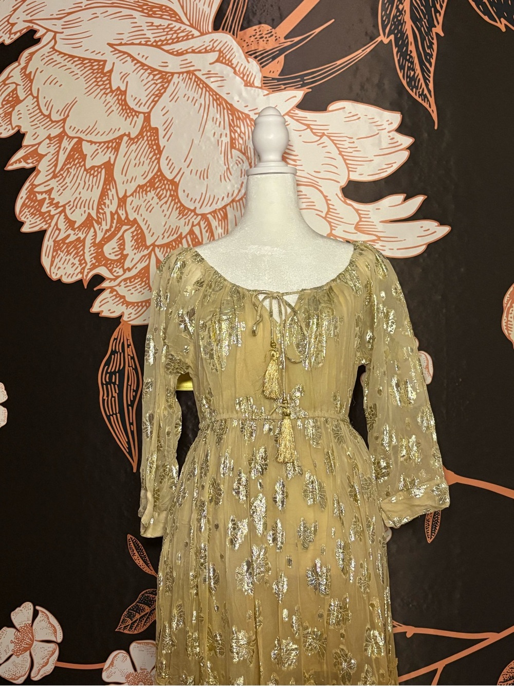 NWT BEAUTIFUL Metallic Gold Off-Shoulder Tie-Front Dress - Picture 4 of 8